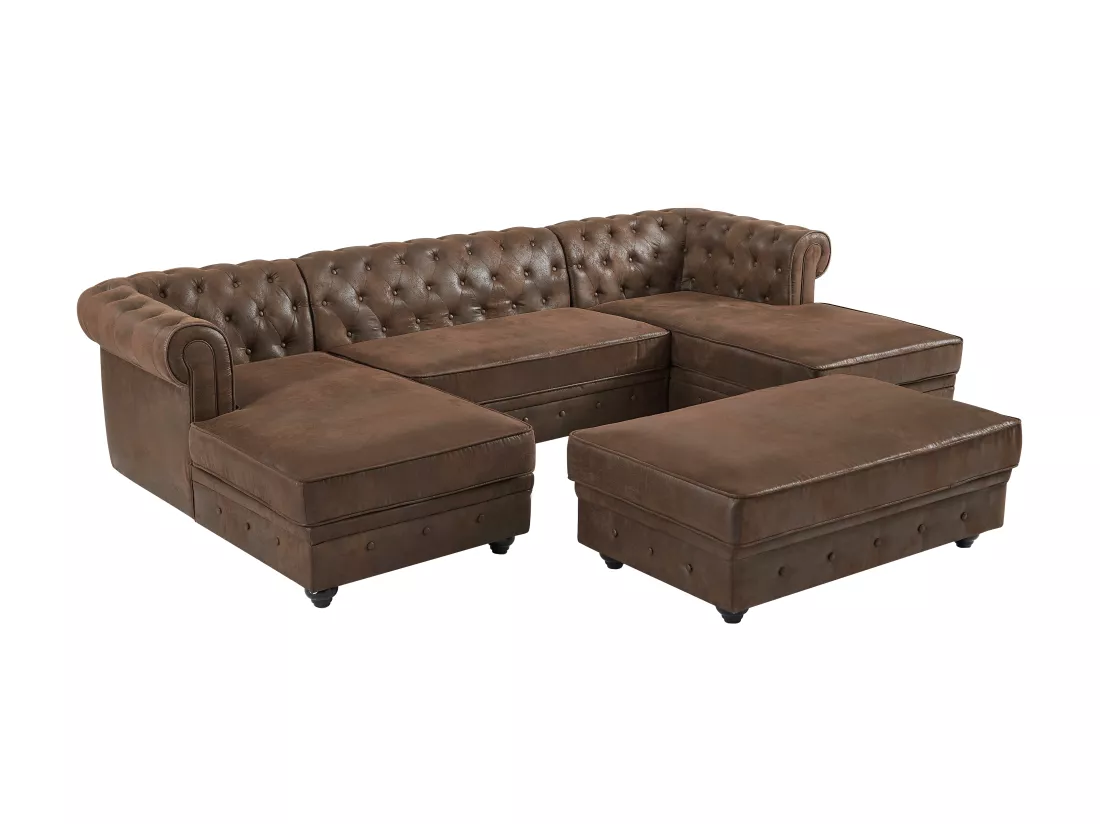Canapé d'angle panoramique et pouf en microfibre aspect cuir vieilli CHESTERFIELD