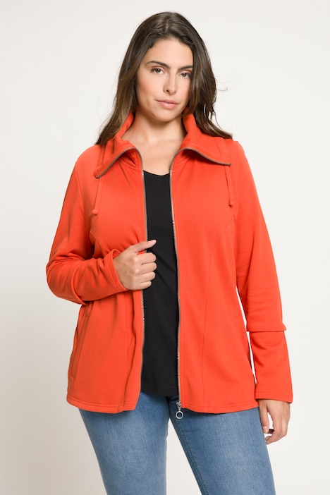 Sweatjacke, drapierter Stehkragen, Kunstleder-Details