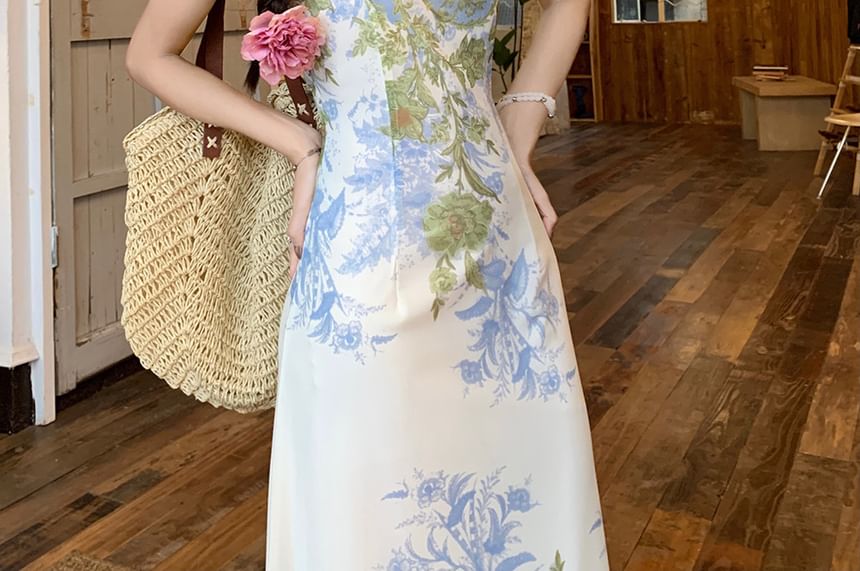 Trendycas - Effen Cardigan / Spaghettibandjes Bloemen Maxi Zomerjurk