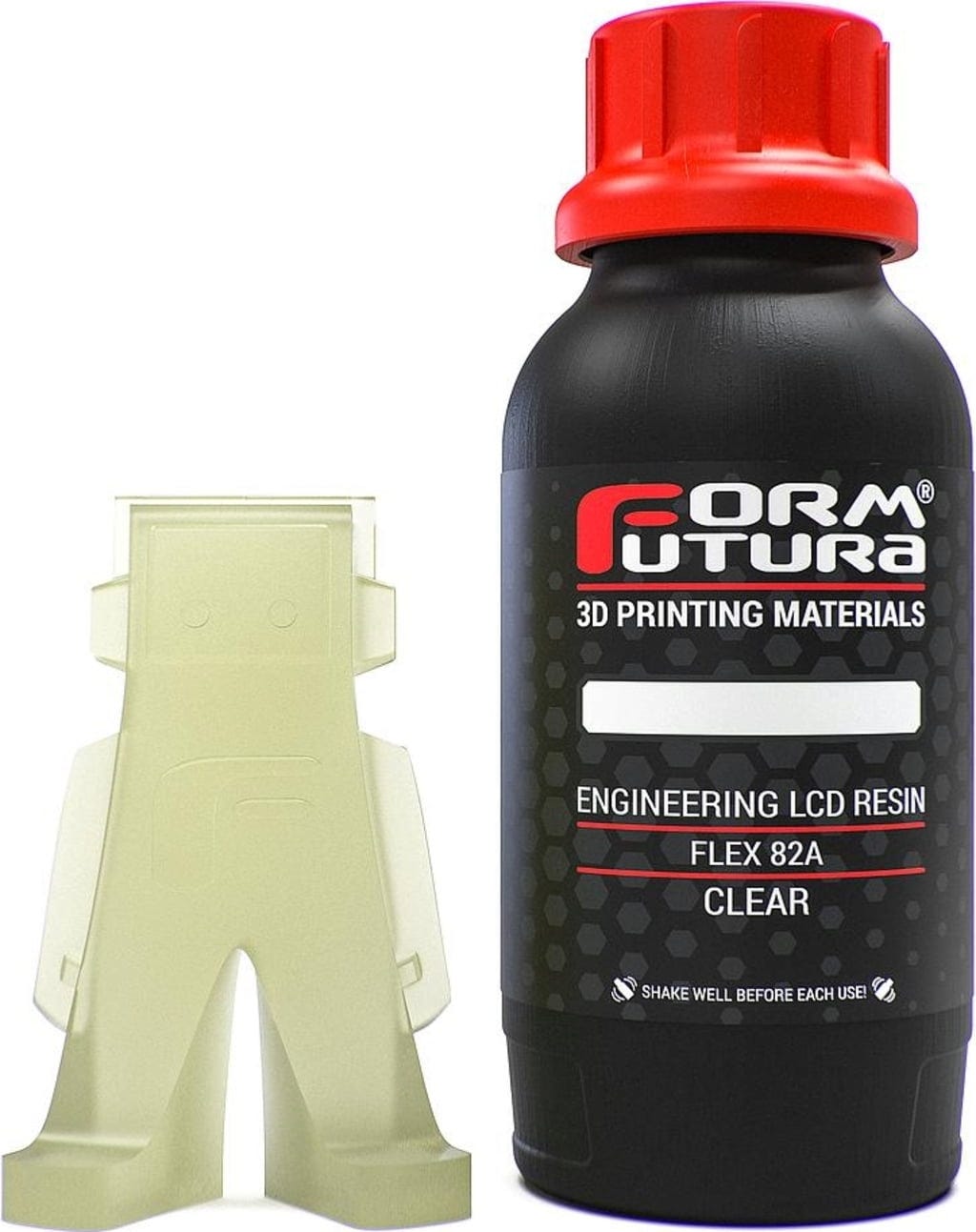 FormFutura  Engineering LCD Series Flex 82A Resin Clear, 500 g    Gummiähnliches Resin mit guter Elastizität gegenüber Biegung und Kompression