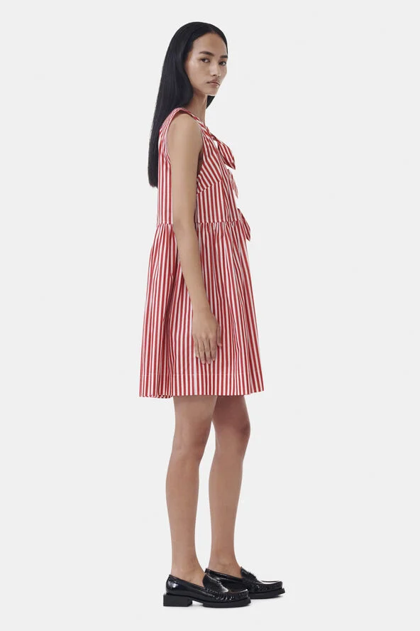 Ganni Stripe Cotton Mini Bow Tie Dress Barbados cherry