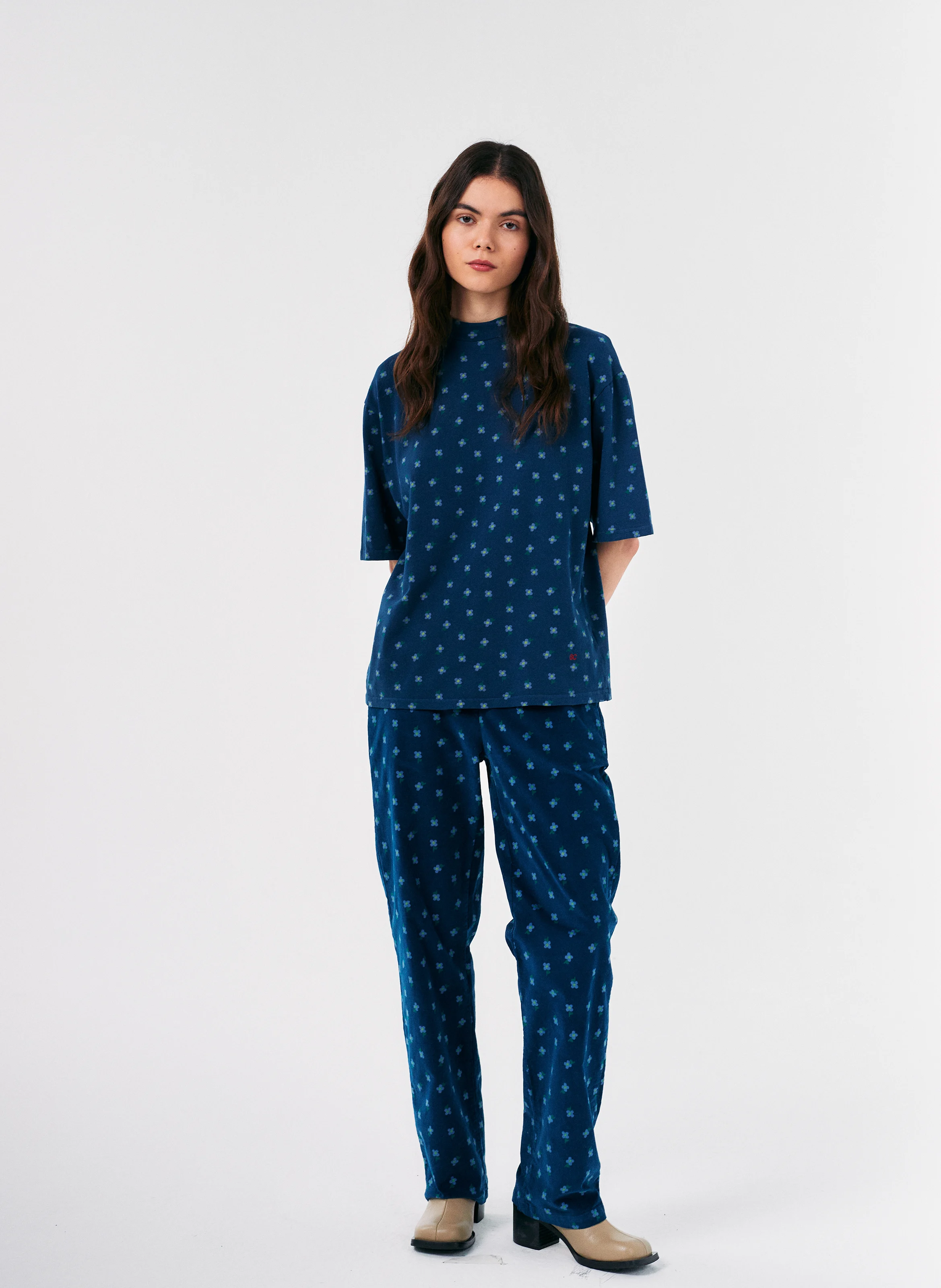 Tee-shirt col rond à imprimé fleuri en coton | Bleu