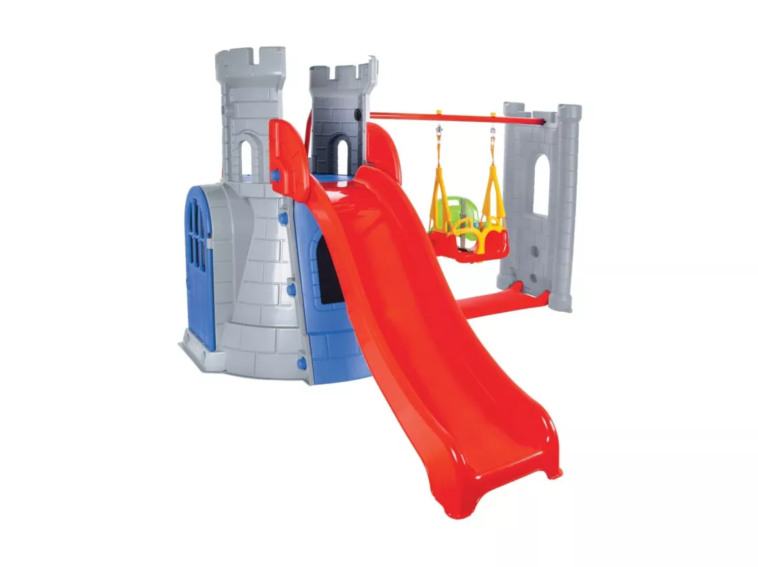 Château pour enfants en plastique avec toboggan et balançoire ENSEMBLE CASTLE SLIDE ET BALANÇOIRE