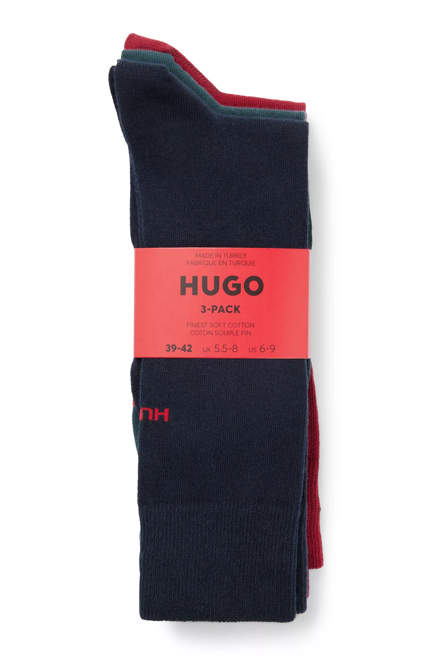 HUGO Vermelho - Pacote triplo de meias de comprimento normal em mistura de algodão.