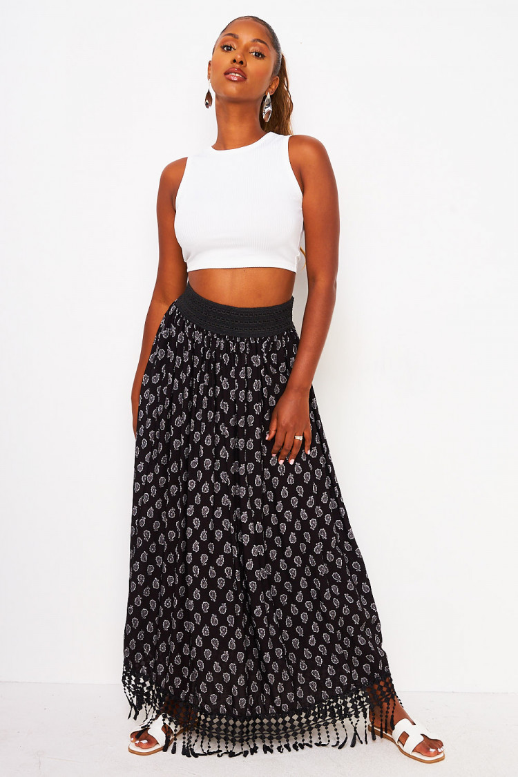 Jupe longue noire à motifs Paisley