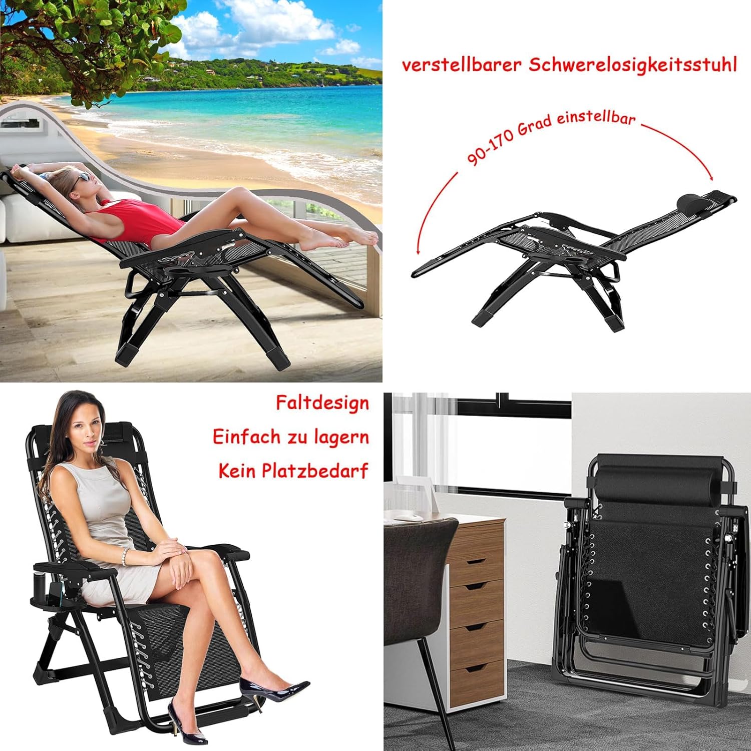 Gartenliege Klappbar Sonnenliege Relaxliege für Balkon, Klappbarer liegestuhl 200kg Tragfähigkeit, Gartenstuhl mit liegefunktion Liegestuhl, XXL Verstellbar Zero Gravity Chair (Schwarz, 83cm)
