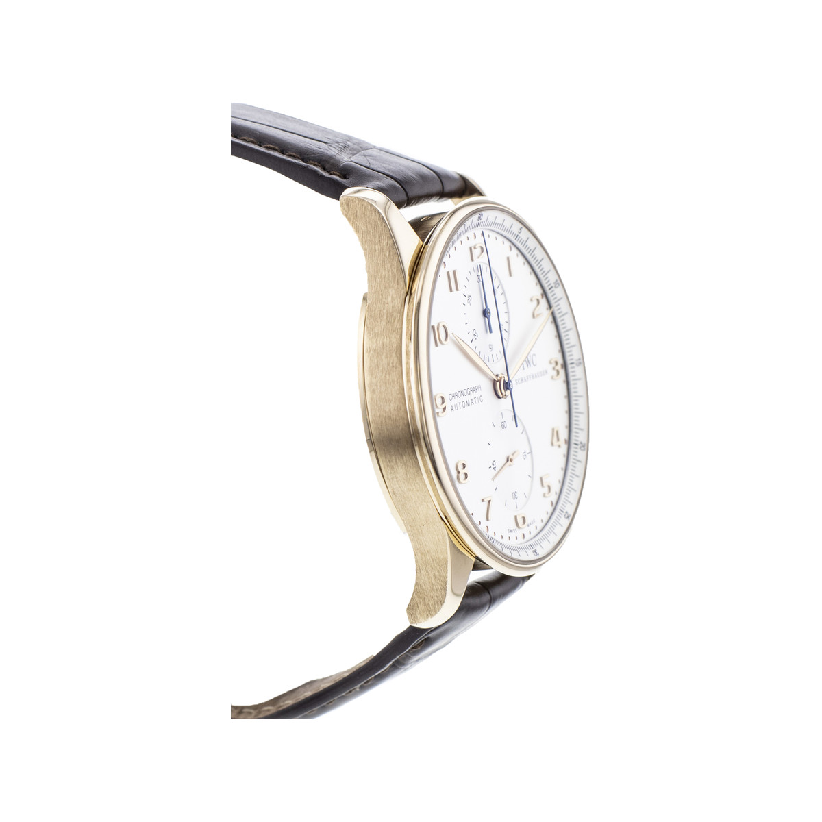 Montre d'occasion IWC Portugaise homme chronographe automatique acier doré rose bracelet cuir noir