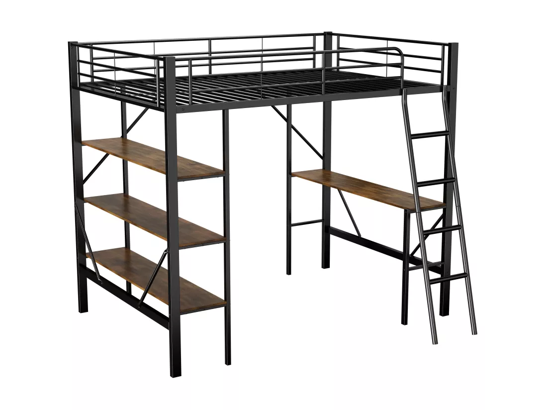 Lit mezzanine avec bureau et trois grandes étagères pour enfants - 90 x 200 cm - métal noir