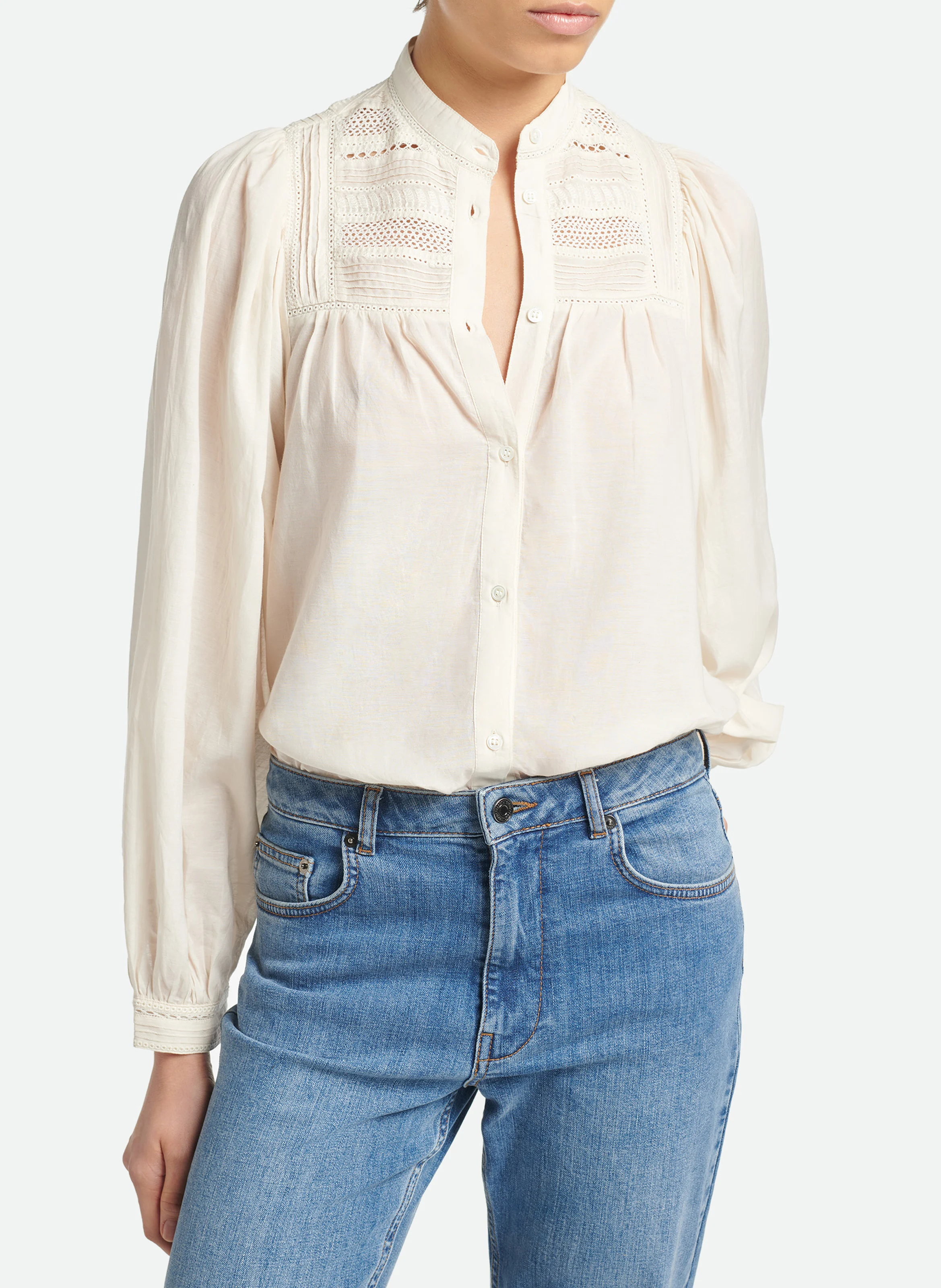 VALDO - Chemise col mao en coton brodé | Blanc
