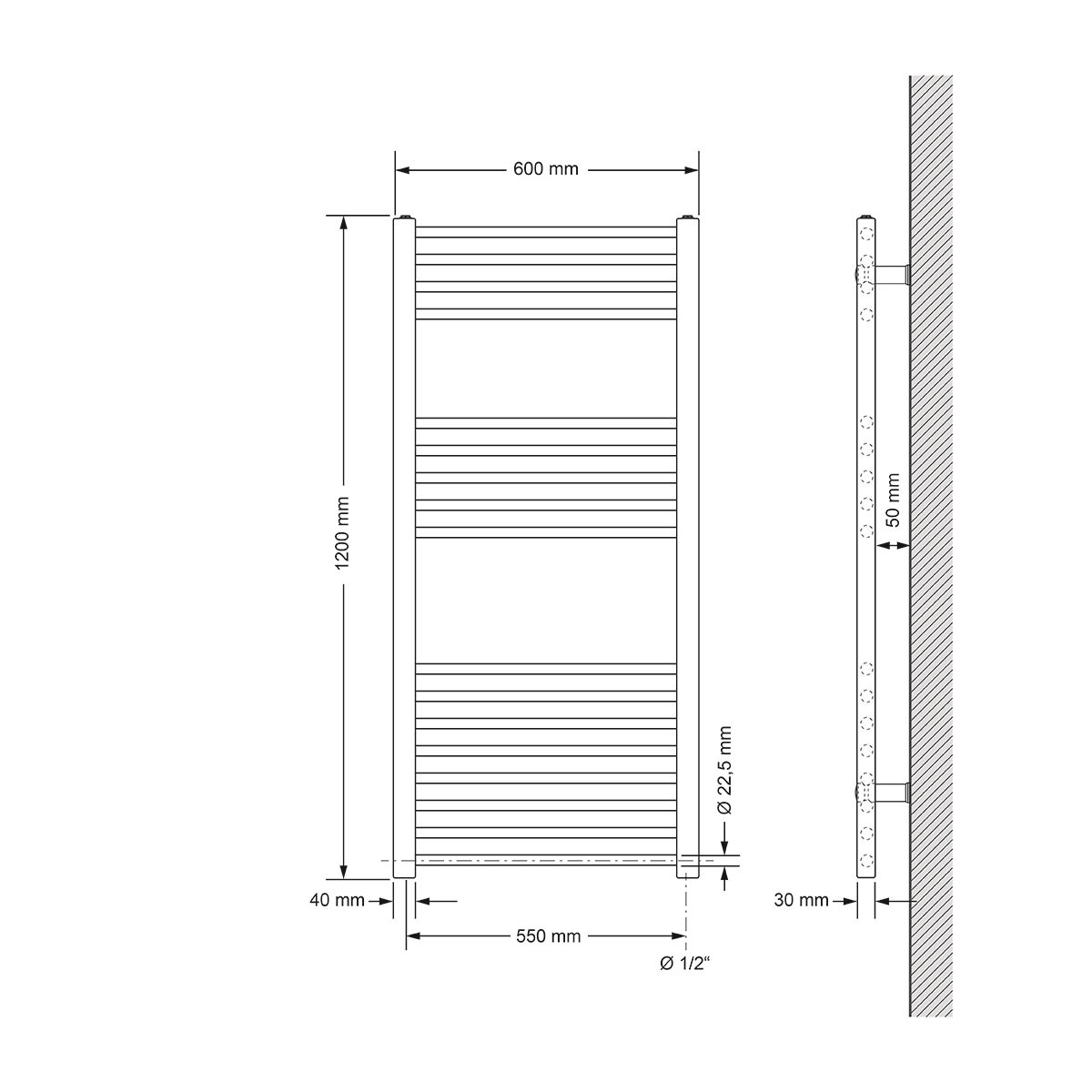 ECD Germany Sahara badkamerradiator - 600 x 1200 mm - Antraciet - recht met zijaansluiting - radiator handdoekwarmer handdoekdroger