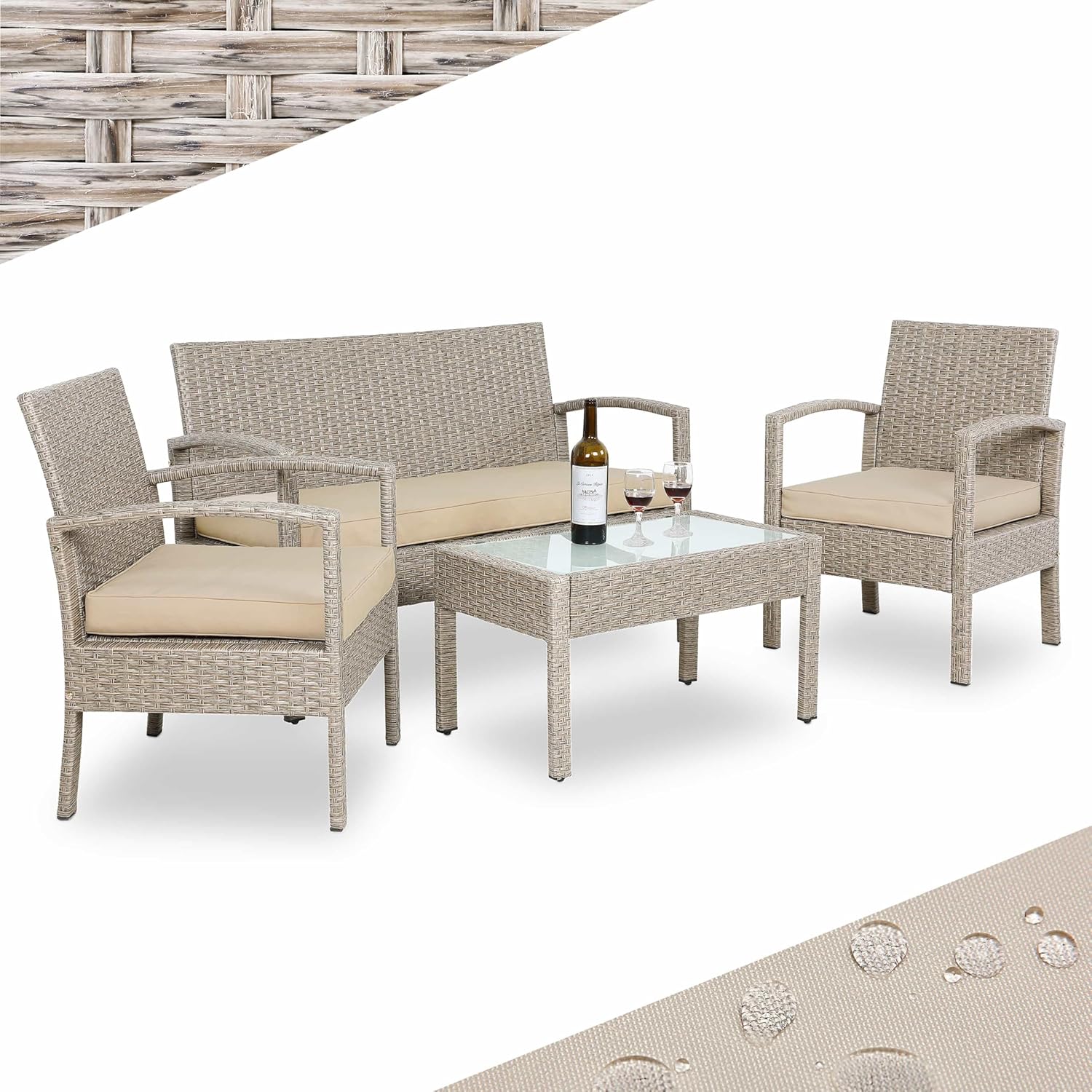 Casaria® Gartenmöbel Set Wetterfest 4 Personen Outdoor inkl. Auflagen Polyrattan 2 Sessel Gartenbank Tisch Garten Terrasse Balkon Möbel Lounge Creme