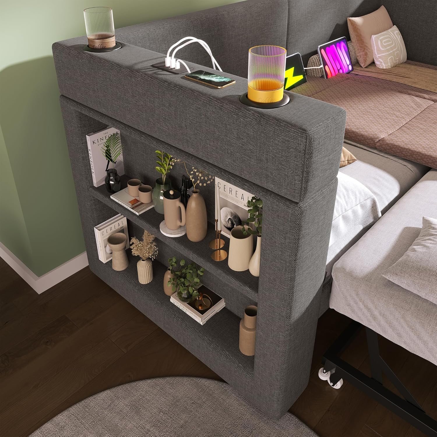 Polsterbett Ausziehbares Schlafsofa 90/180 x 200 cm, Einzelbett Daybett mit USB Type-C Ladefunktion, Armlehnen mit Getränkehalter und Regal, Leinen, ohne Matratze, Dunkelgrau