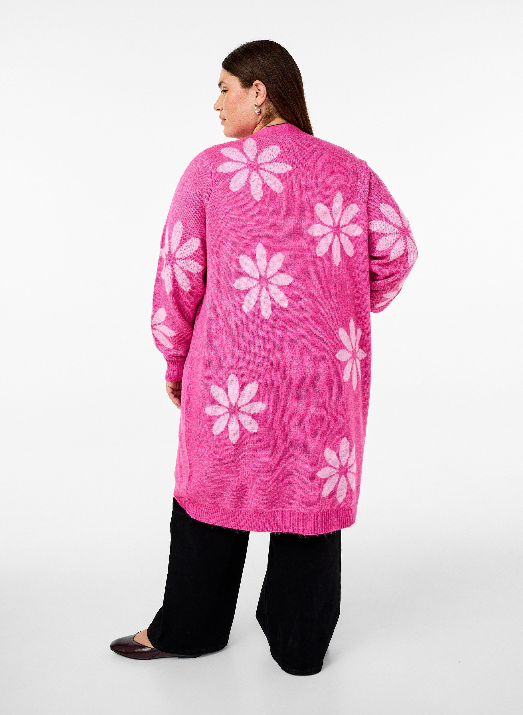 Lang strik cardigan med blomster
