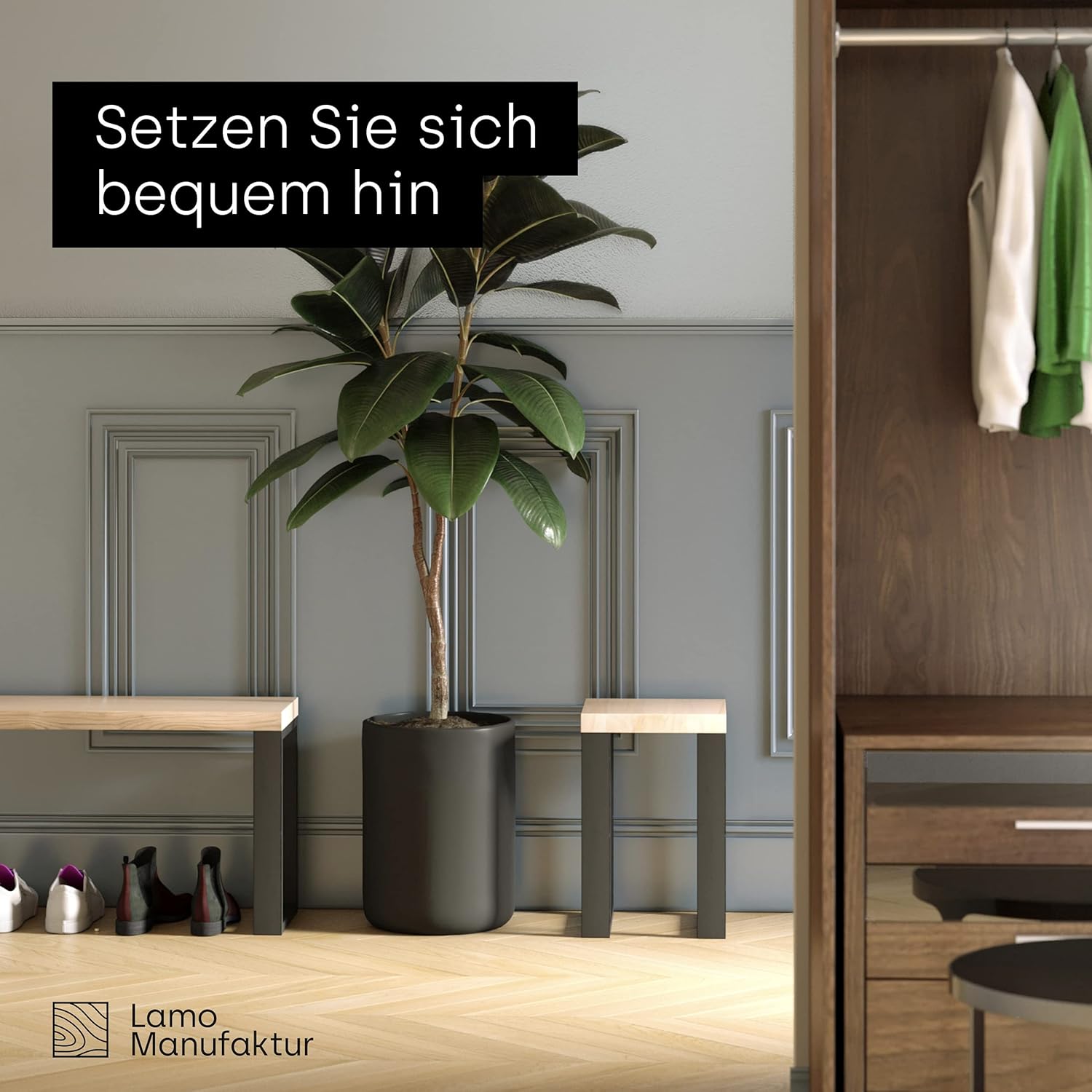 LAMO Manufaktur Sitzbank Esszimmer Holzbank 30x60x47 cm, Möbelfüße Simple Anthrazit/Roh, LSB-01-A-001-60-7016S