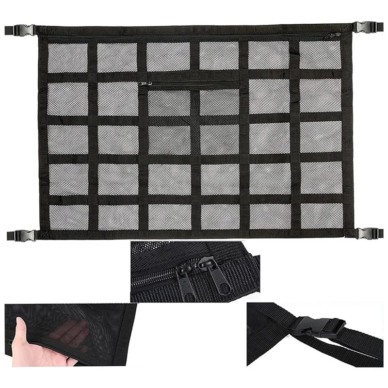 (70x50cm) Doppel-Lagige Auto KFZ Dachnetz Tasche Aufbewahrungsnetz Organizer für Innenraum - Schwarz