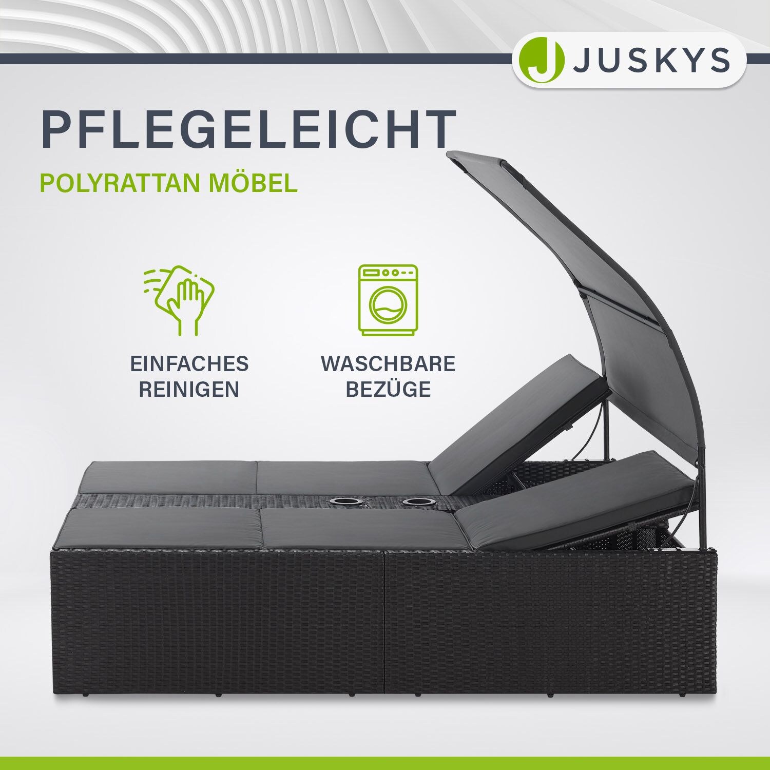 Juskys Polyrattan Doppelliege Syros - Outdoor Liege mit Dach & Auflagen - Sonnenliege Schwarz
