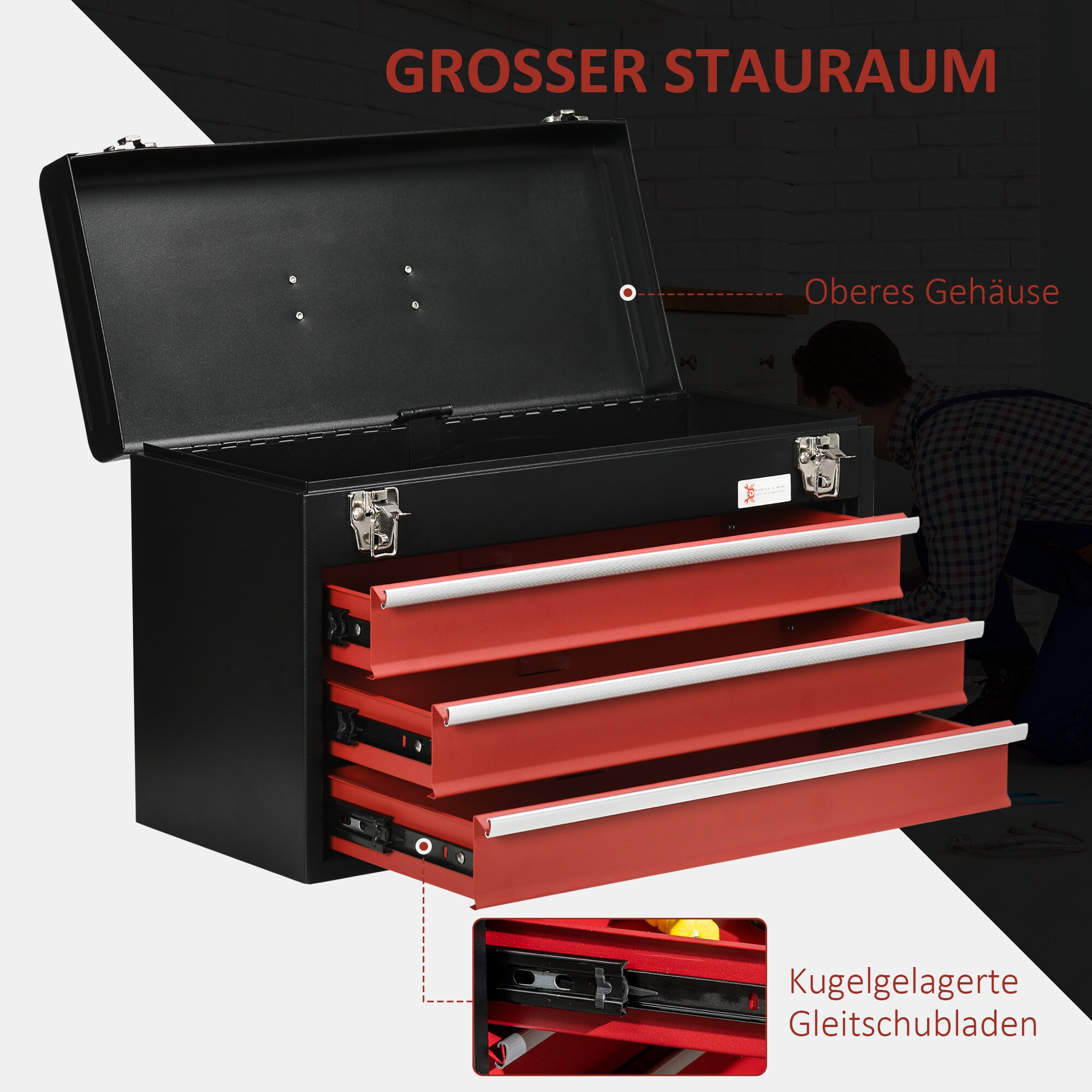 DURHAND Werkzeugkiste mit 3 Schubladen schwarz, rot 51L x 22B x 32H cm