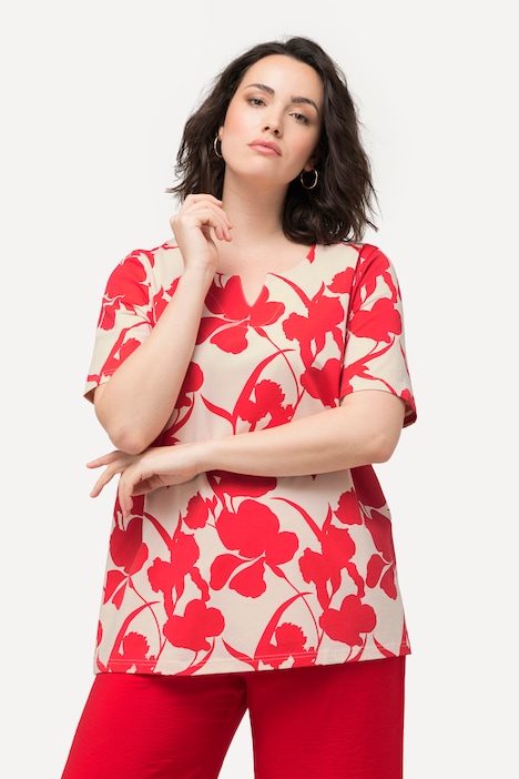 Tunika-Shirt, Blüten, A-Linie, Tunika-Ausschnitt, Halbarm