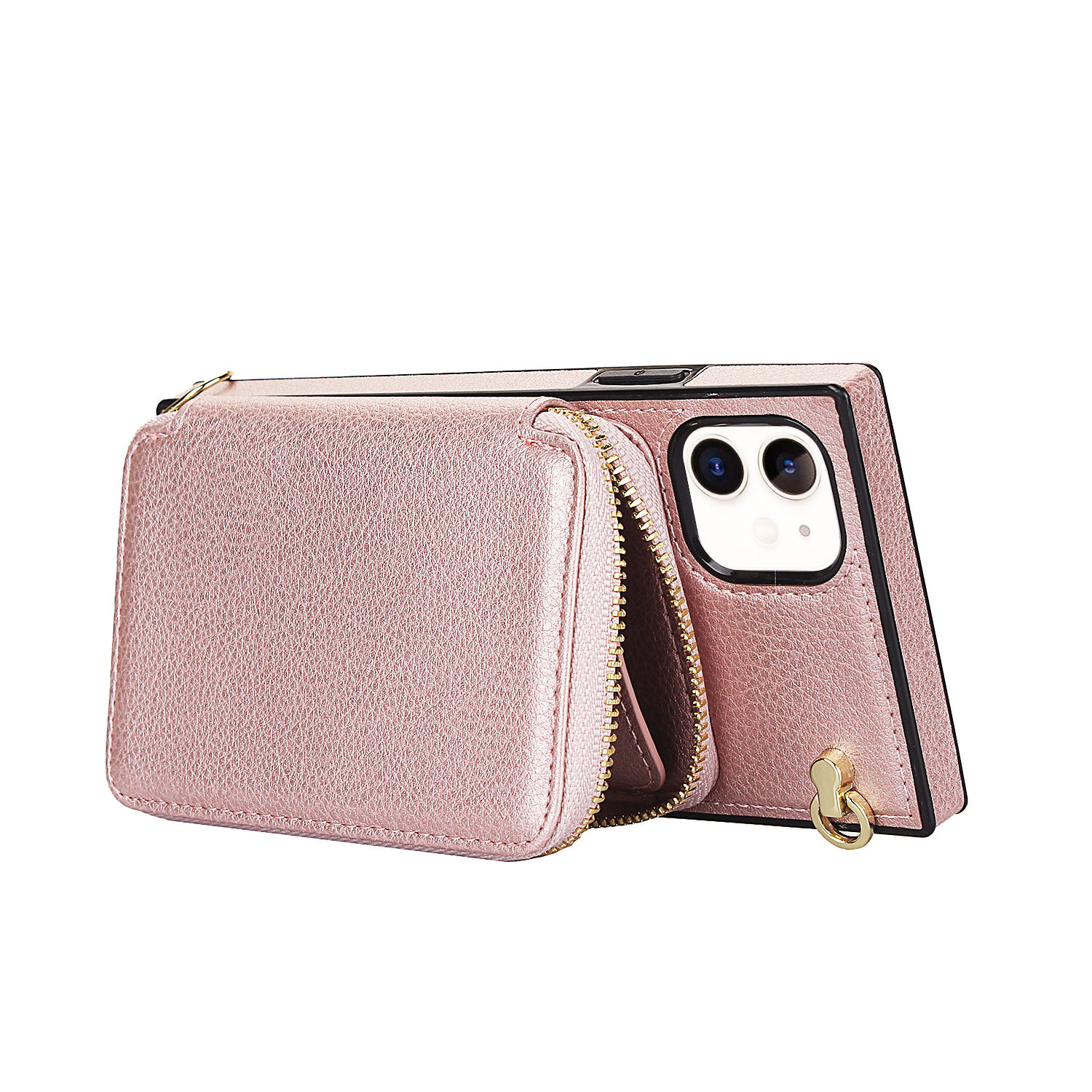 iPhone 11 Necklace Leder Schutz Hülle mit Kartenfächer   Handykette (140cm) - Roségold