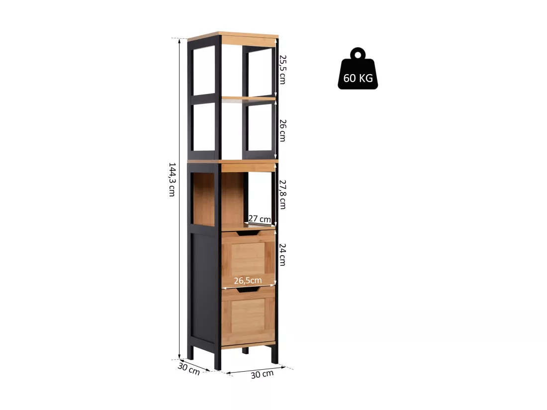 Meuble colonne rangement salle de bain style cosy dim. 30L x 30l x 144H cm 3 étagères 2 tiroirs bambou MDF noir