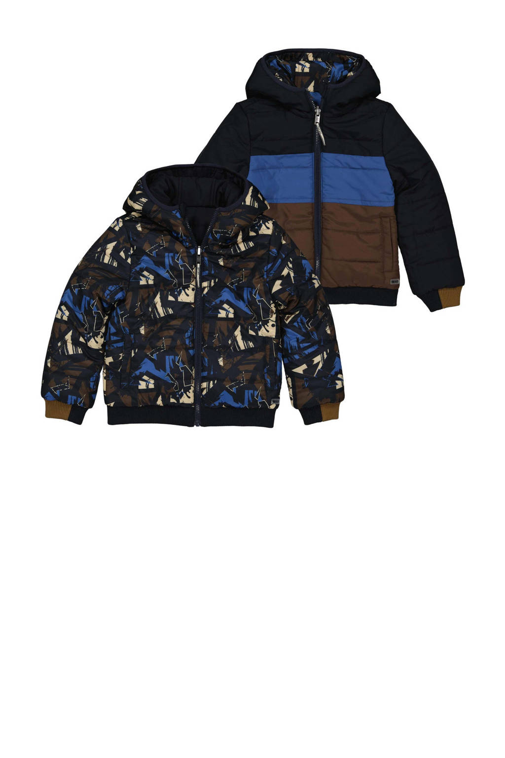 Quapi reversible gewatteerde winterjas ARNOUD met all over print donkerblauw/blauw/bruin