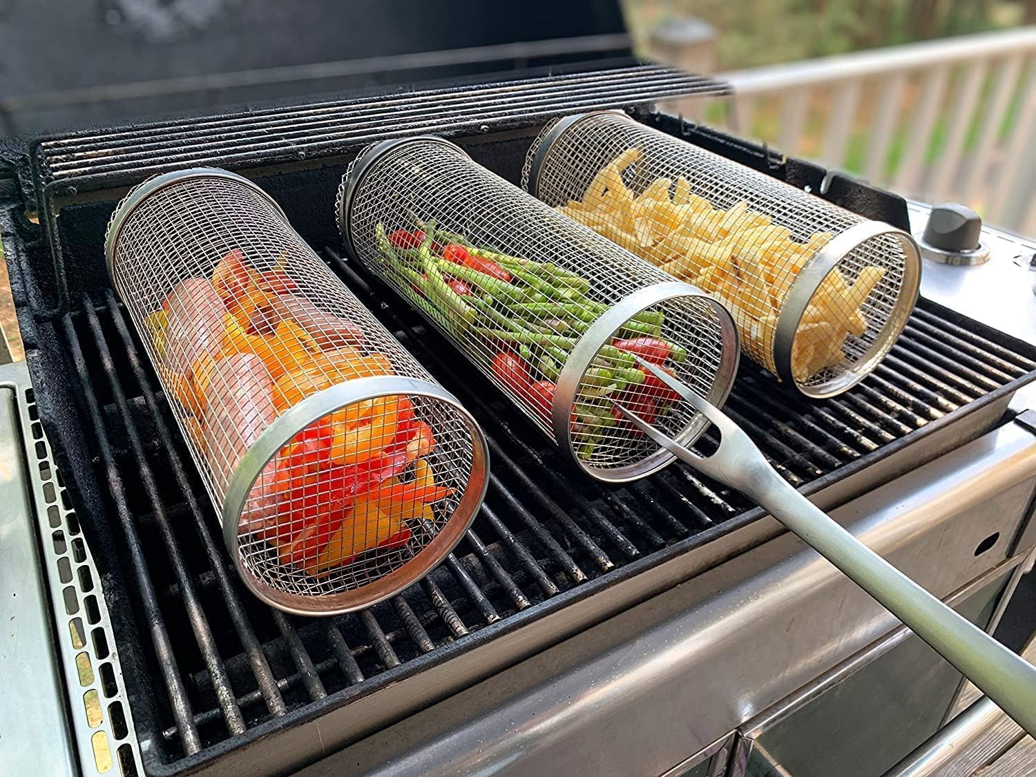 (20x9cm) Edelstahl BBQ Grill Korb mit Gabel Grillzylinder Bratenkorb für Gemüse / Fleisch