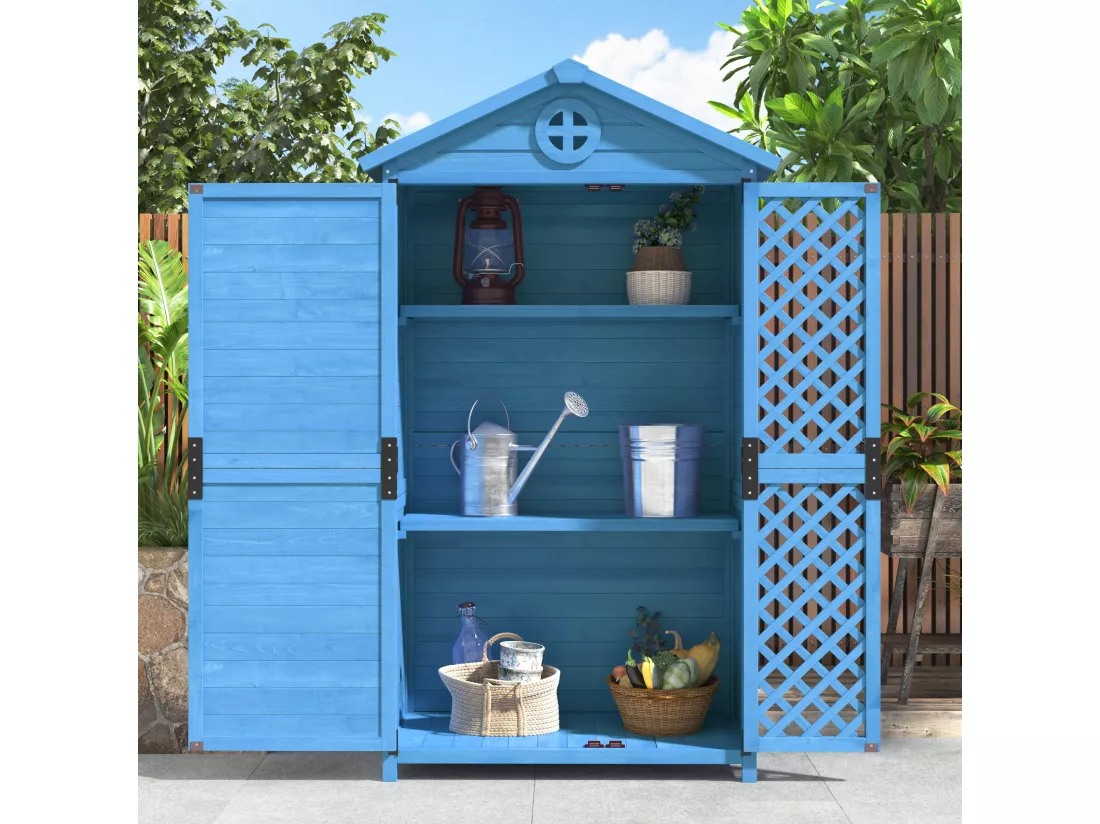 Abri de jardin en bois massif avec toit pente résistant aux intempéries - 2 portes 3 étagères - 90 x 56.5 x 175.3 cm - Bleu