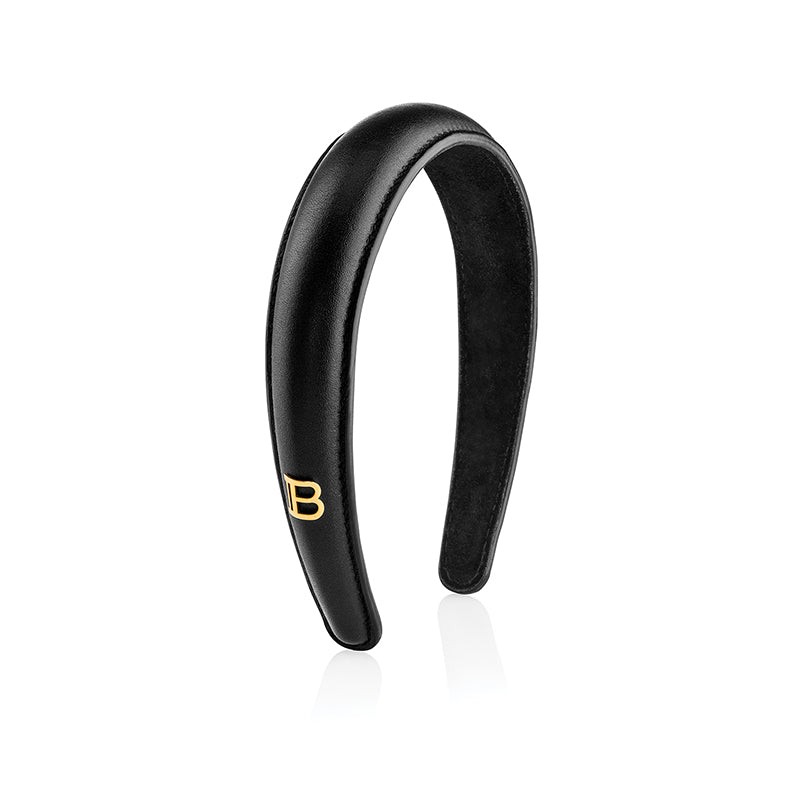 Balmain Paris - Black Leather Puffed Headband with Gold Plated Logo - Hårbøjle