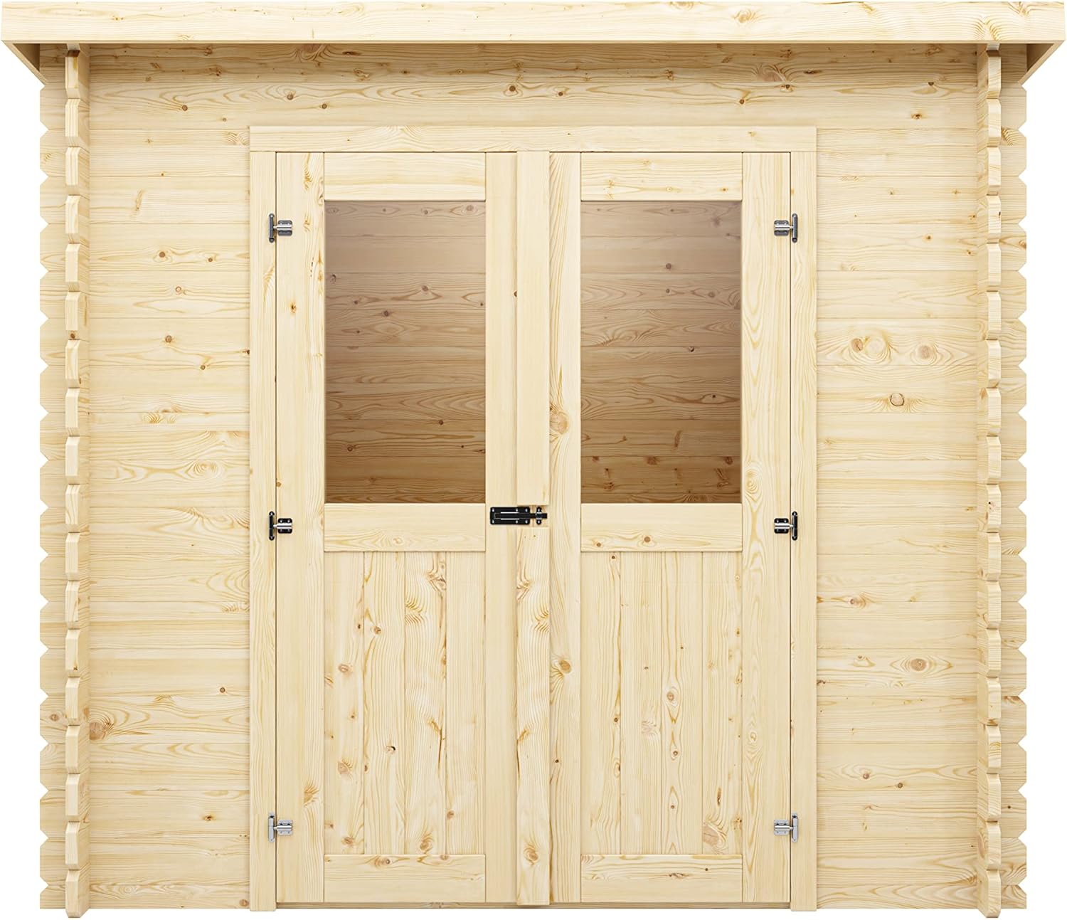 Holz Gerätehaus Mini 1 B | Wandstärke 28 mm | Blockbohlenbauweise | Naturbelassen | Pultdach | BxTxH: 230 x 127,5 x 204,4 cm | Inkl. Doppelflügeltür + Einflügeltür mit Echtglas | Ohne Fußboden
