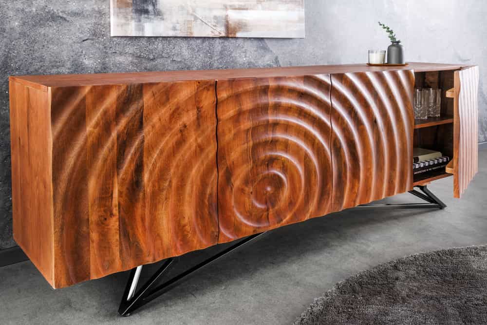 Design Sideboard ZEN 180cm braun Mangoholz mit 3D Schnitzereien Metallgestell schwarz handmade