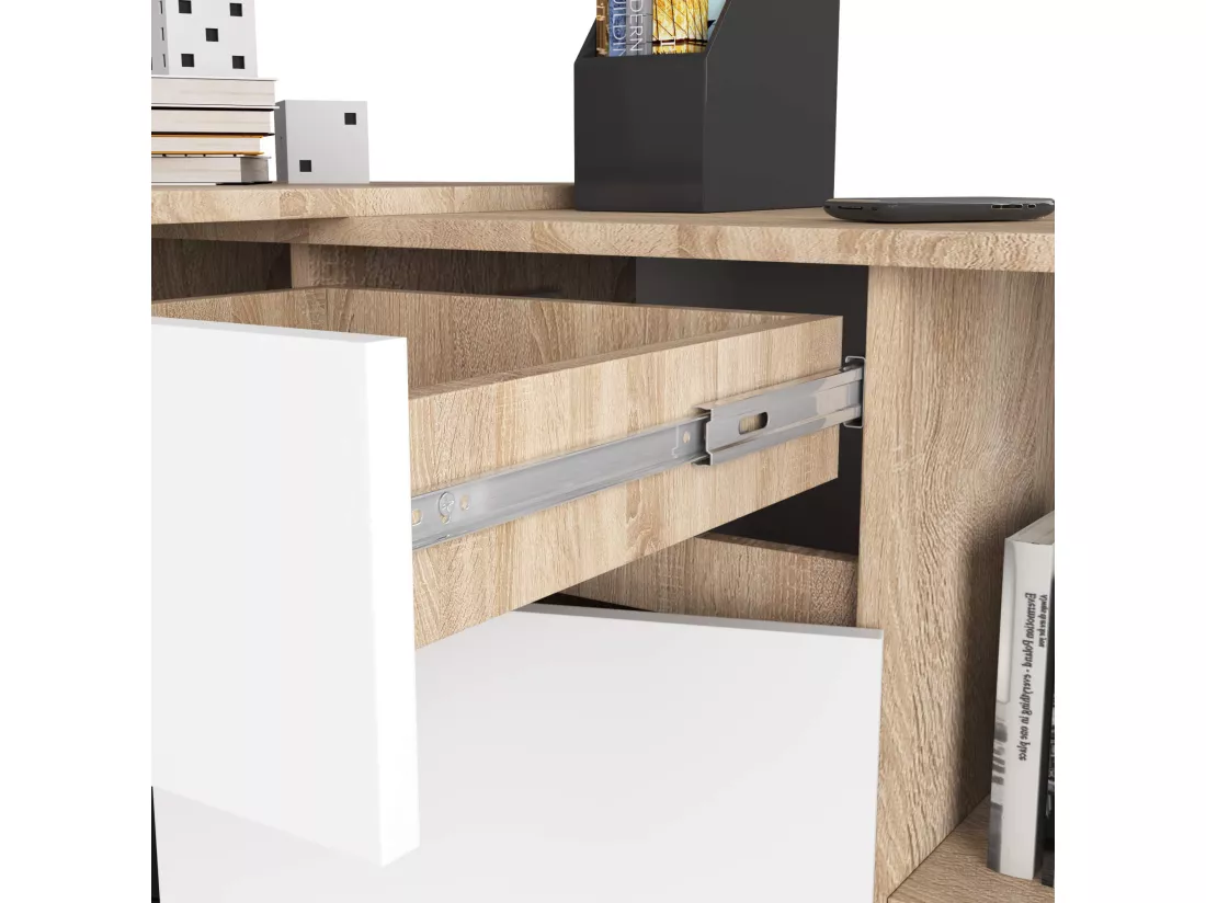 Ensemble d'angle AKORD bureau B17 avec commode Chêne Sonoma 120 cm 1 porte 1 tiroir façade Blanche 6 étagères 120x126x79 cm