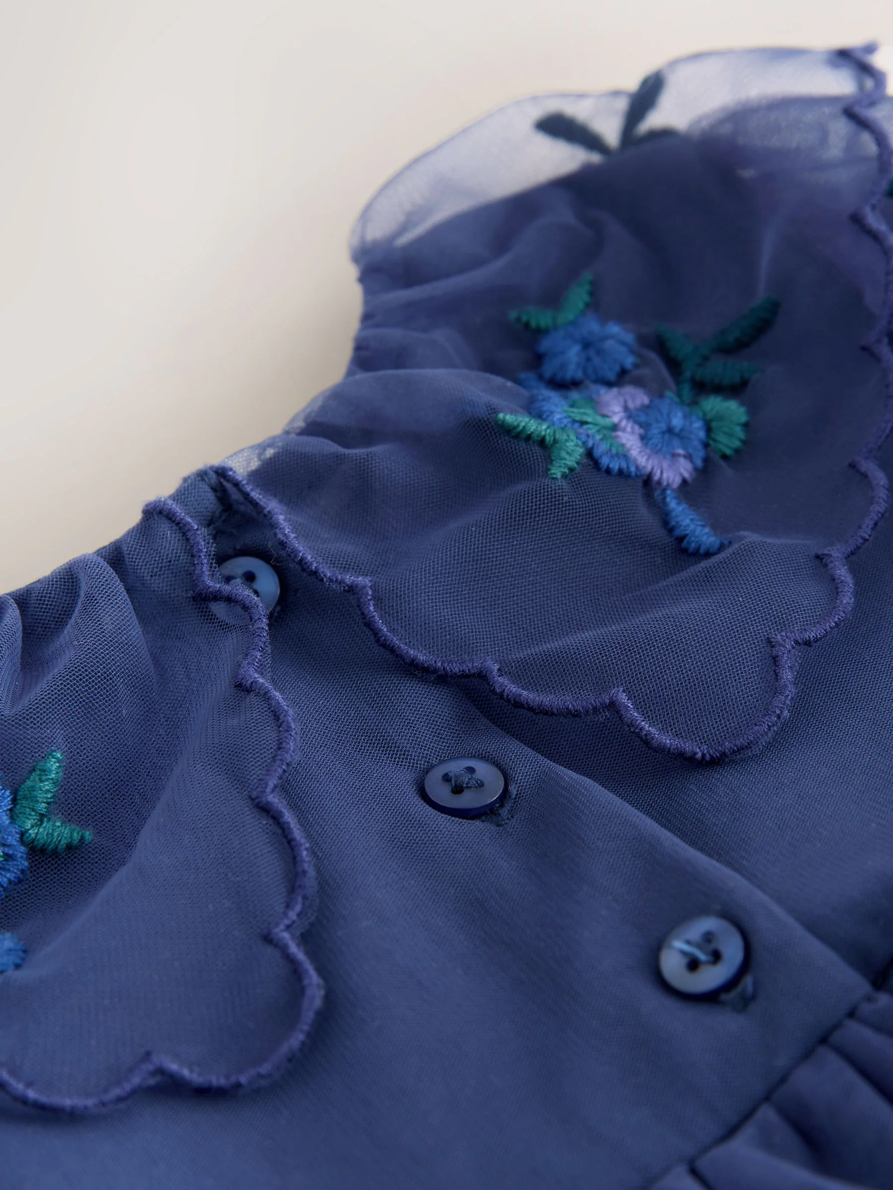 Blauw versierd - Mesh strokenjurk (3 mnd-7 jr)