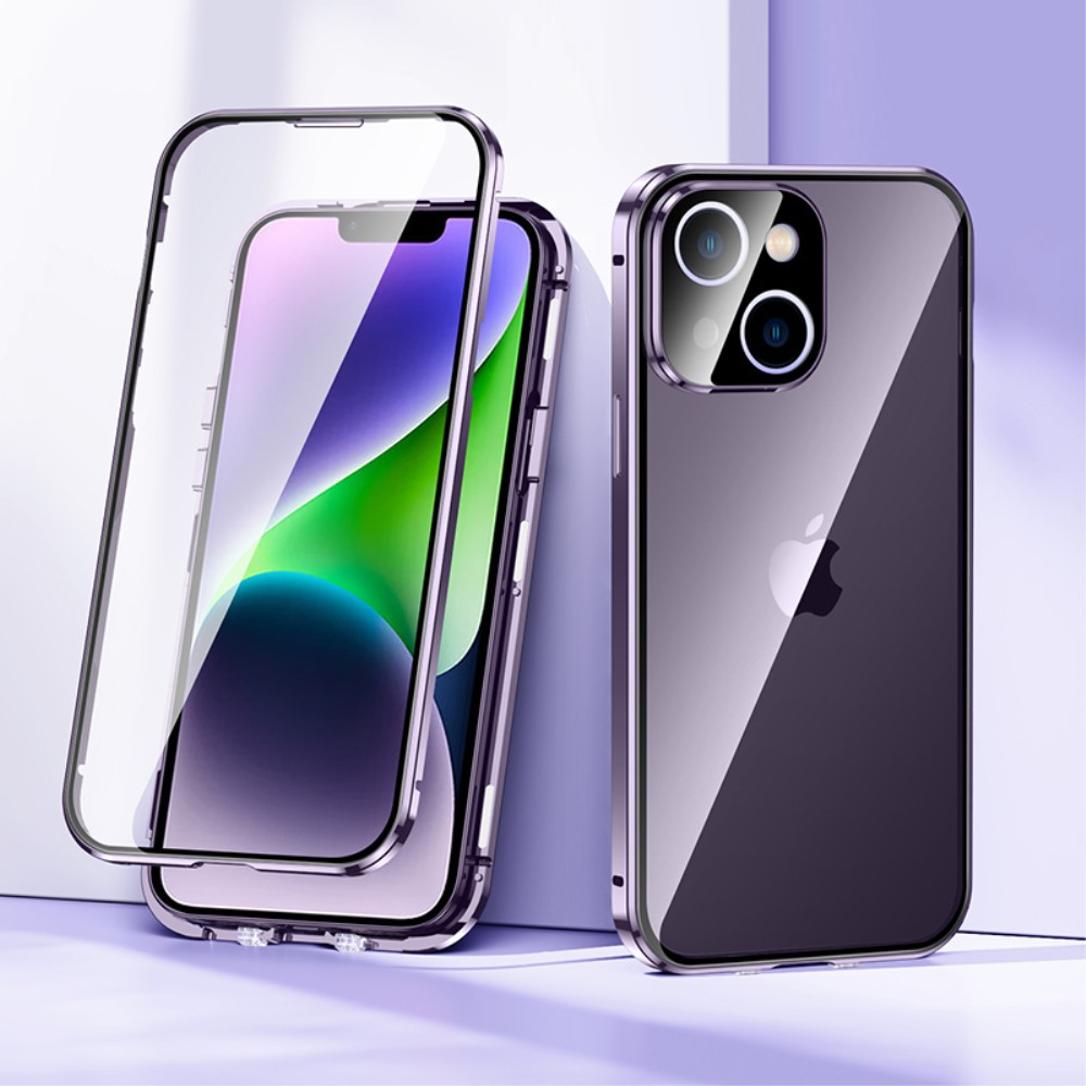 iPhone 14 Magnetische Alu Schutzhülle mit Panzer Glas Backcover   Display- / Kameraglasschutz (Magnet-Technologie) - Lila