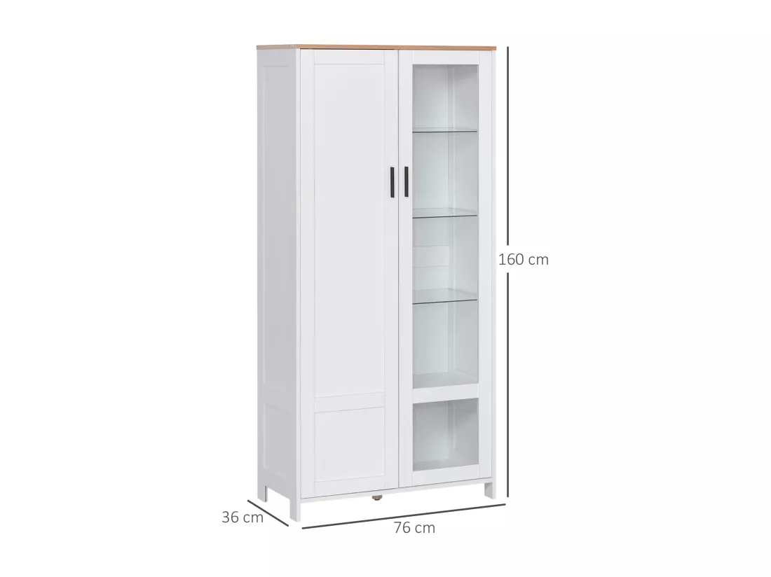Armoire de rangement - 2 portes - 7 étagères - dim. 76L x 36l x 160H cm - blanc aspect chêne clair verre