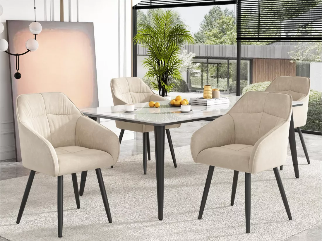 Lot de 4 Chaises en velours avec accoudoirs - pieds réglables - Beige