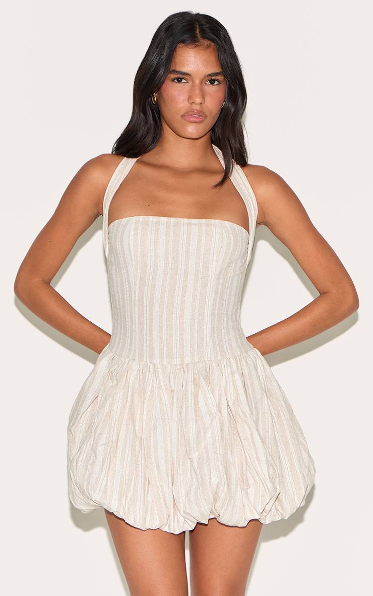 Gris Pierre Robe Bouffante À Rayures Avec Encolure Dos-nu
