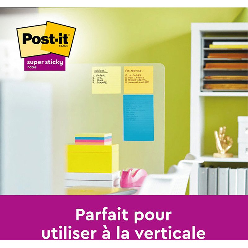 Pack 2 notes repositionnables couleurs assorties lignées Super Sticky - bloc de 75 feuilles + 1 offerte