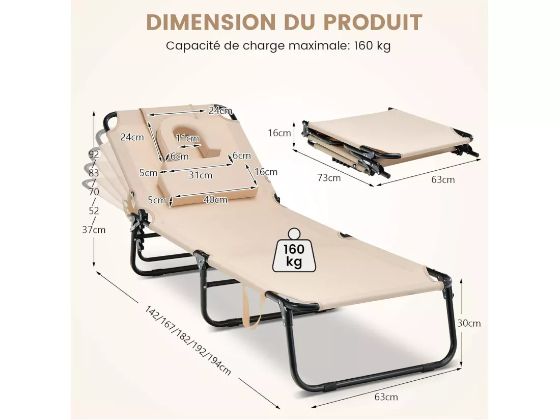 Chaise Longue Pliante Réglable à 5 Positions avec Trou pour Visage, Bain de Soleil en Tissu et velours Oxford 3 Coussins Amovibles Charge 160KG, pour Piscine Plage Cour CamBoisg (Beige)