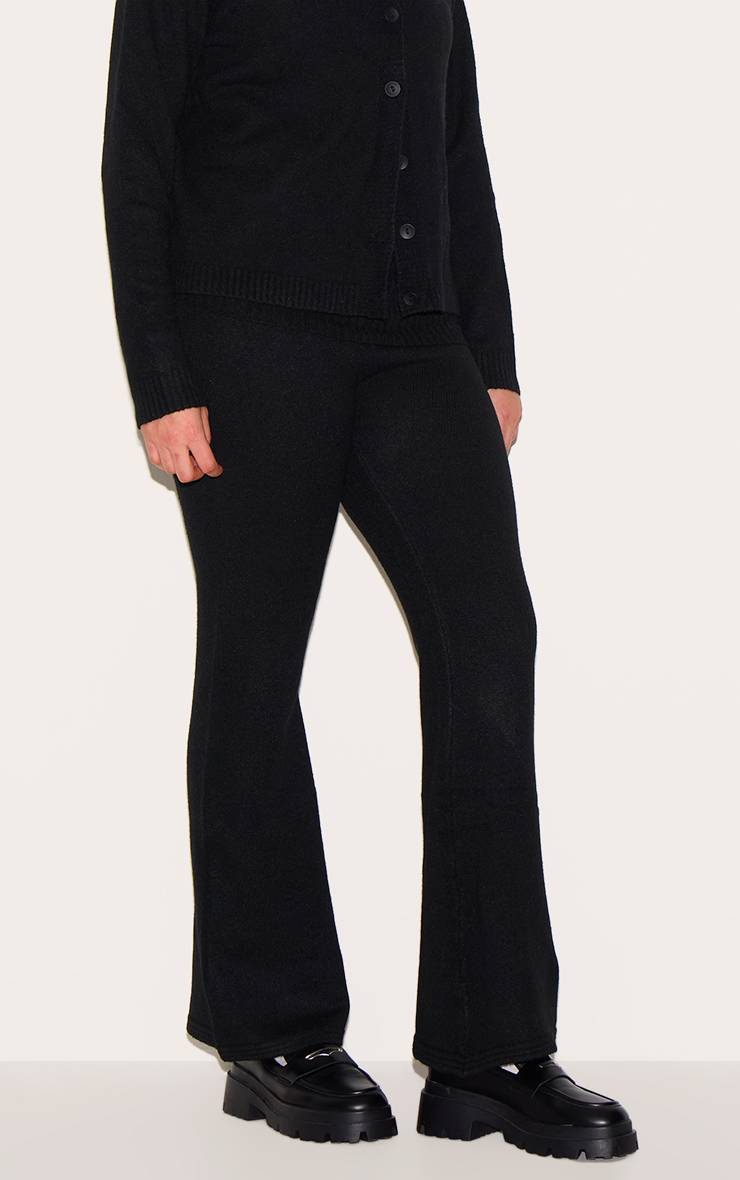 Noir Pantalon Évasé Grande Taille En Maille Douce Chinée Taille Repliable