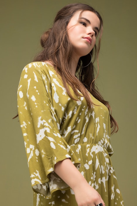 Maxikleid, A-Line, Batikprint, V-Ausschnitt, Kimonoärmel