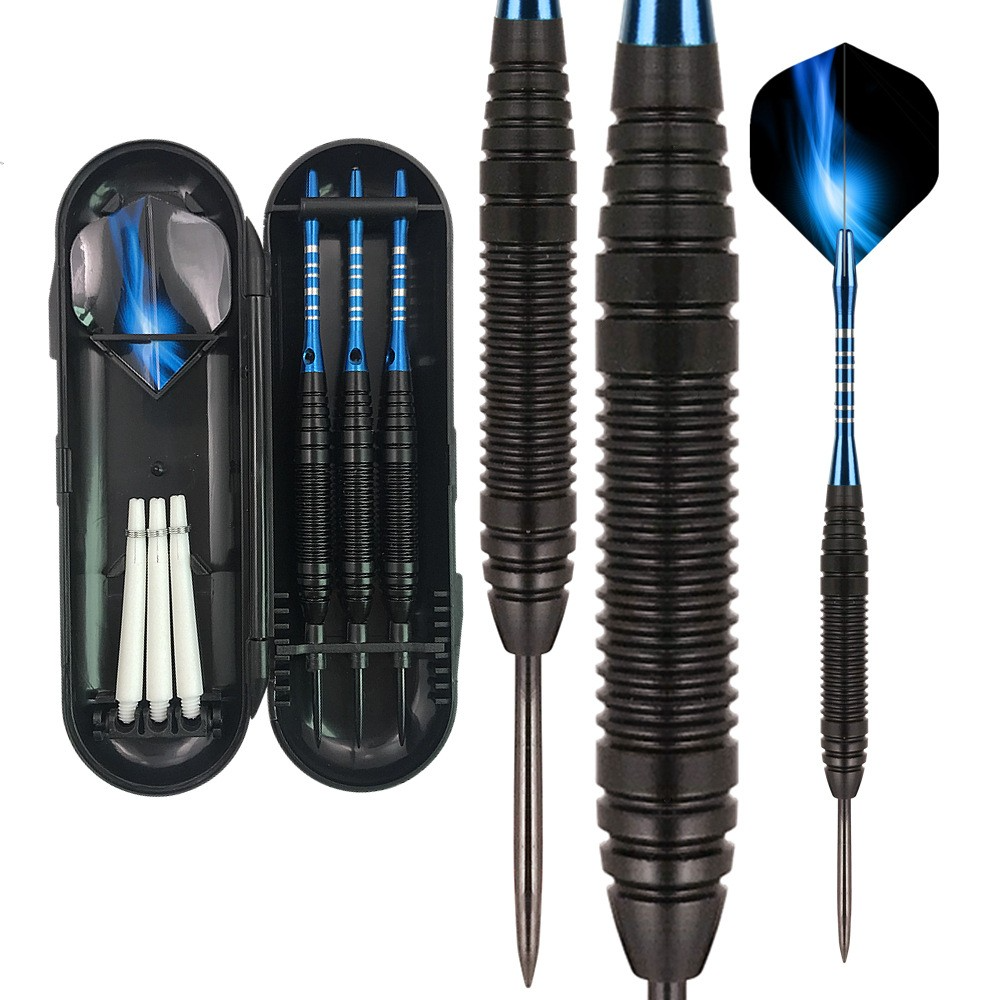 (3er Set) Profi Steeldart Pfeile Wurf Flights Dart Spitzen Kit inkl. Aufbewahrungs Box - Schwarz / Blau