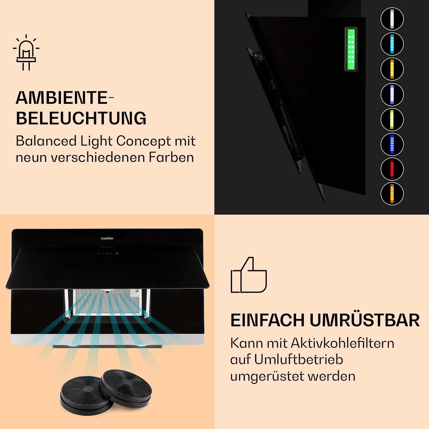 Aurora Eco 90 Dunstabzugshaube 550 m³/h 90cm kopffrei Ambientelicht Schwarz