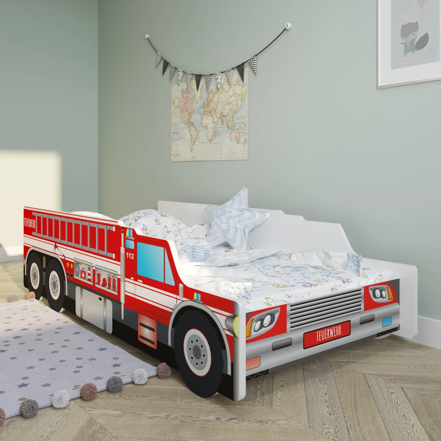 Kids Collective Autobett 80x160 cm Feuerwehr Spielbett Kinderbett mit Rausfallschutz und Lattenrost rot