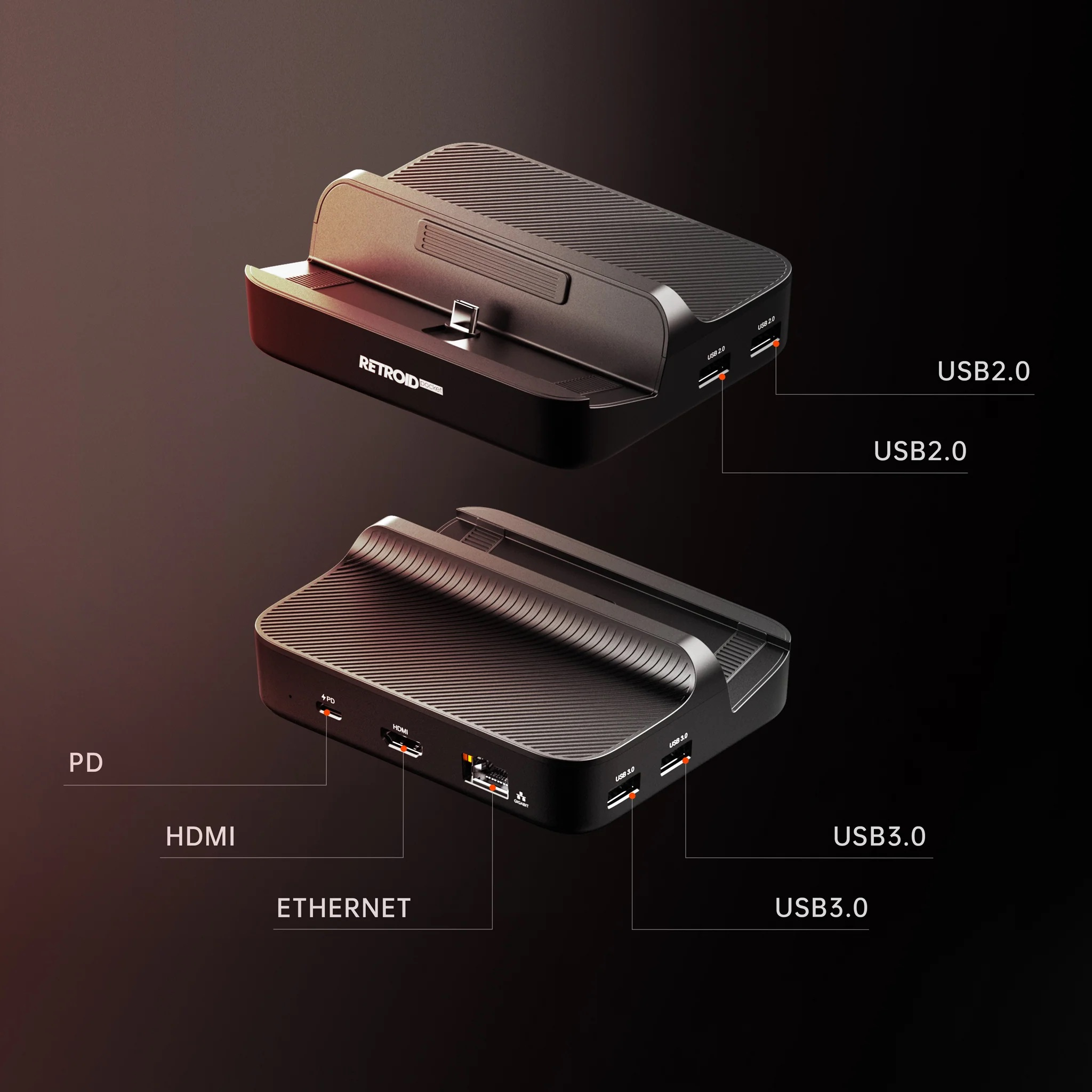 Retroid - Ladestation Docking Station Stand 4K@60Hz mit LAN / PD / USB-A für Retroid Pocket 5 Konsole - Schwarz