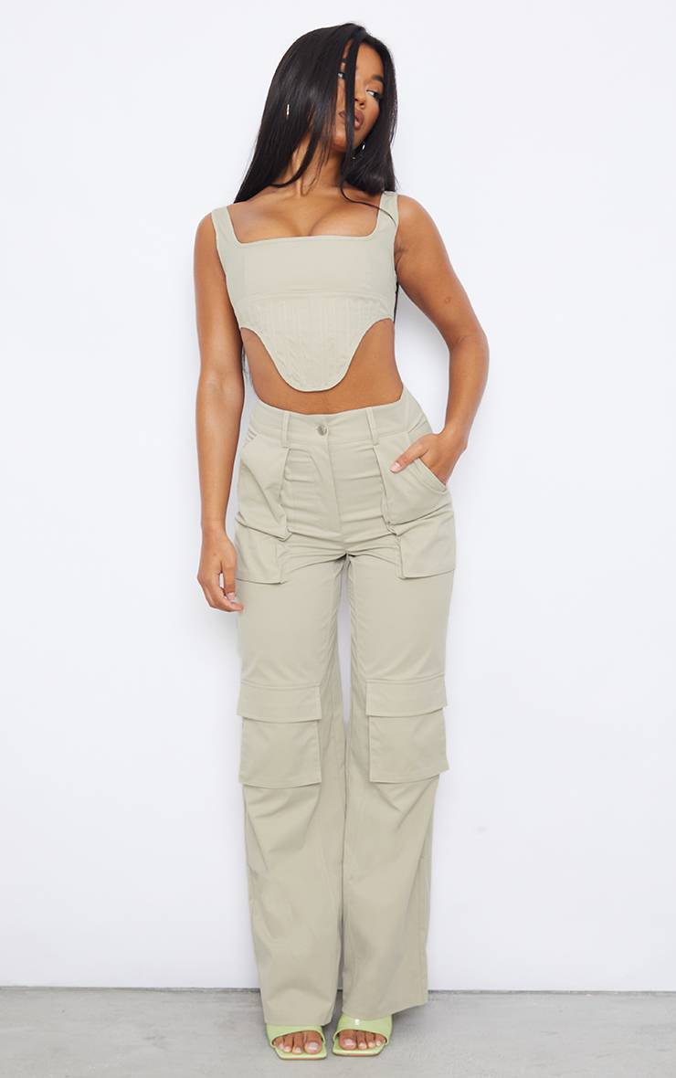 Gris Pierre Ensemble Corset Cargo Structuré En Sergé Avec Ourlet Plongeant