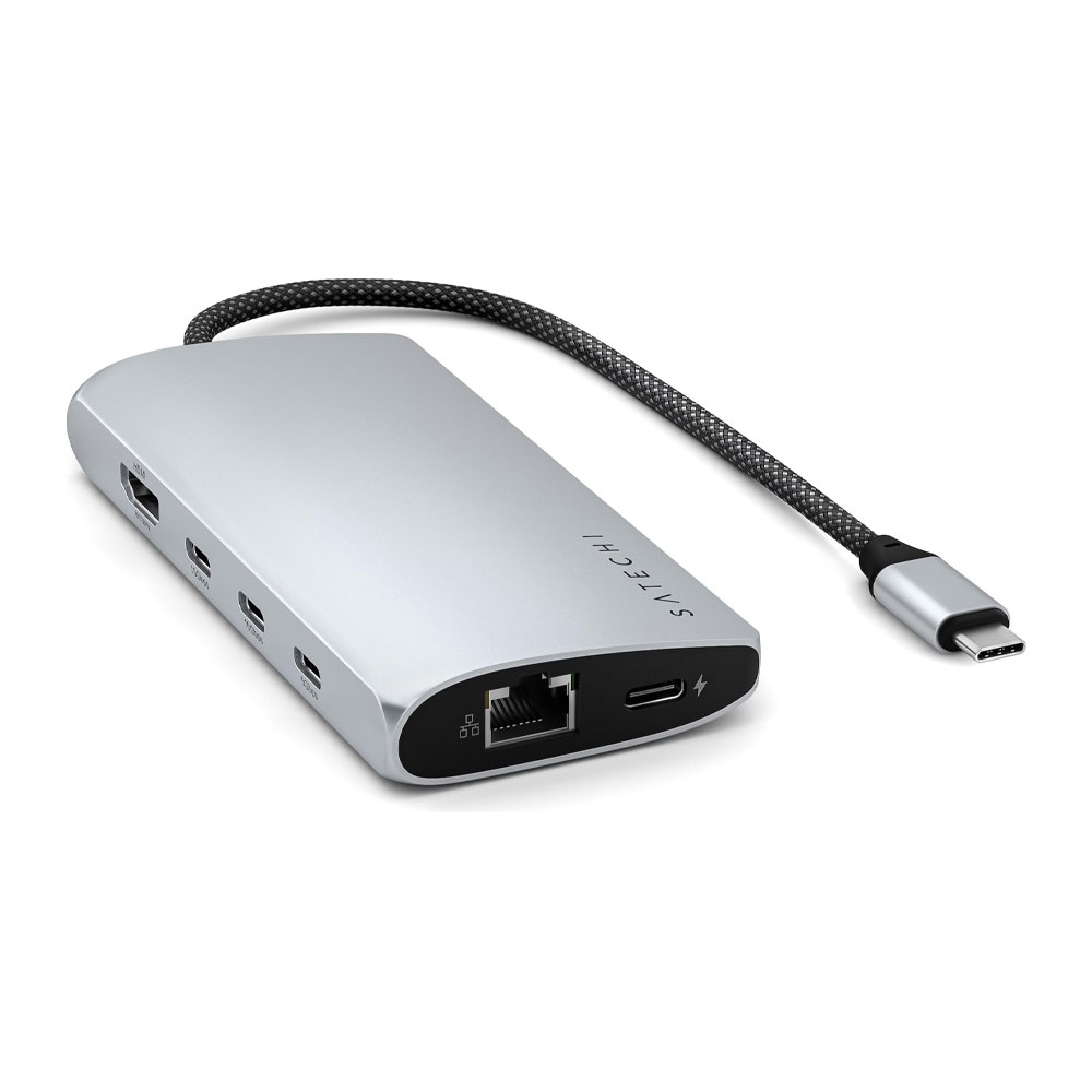 (PD/100W) USB C Multiport MX Adapter Hub mit 4x USB C / 8K HDMI / SD   MicroSD / Ethernet LAN V3 (ST-P8KES) - Silber