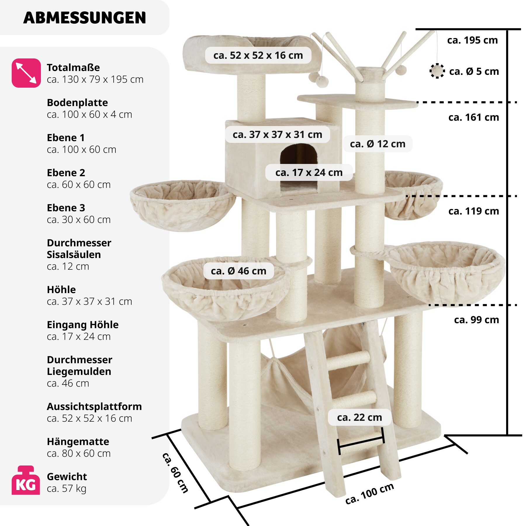 tectake® Kratzbaum, 195 cm, mit Katzenhaus, inklusive Treppe, 4 Spielbällen und Kippschutz