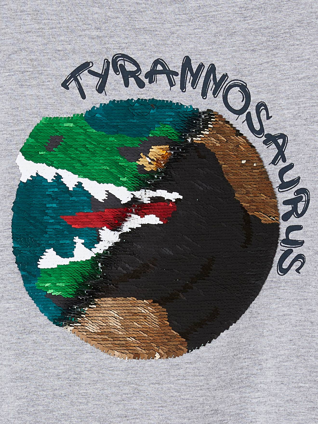 Camiseta infantil masculina reversível com lantejoulas e estampa de astronauta, cinza mesclado.