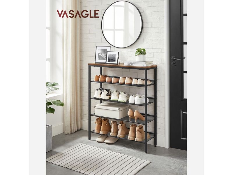 VASAGLE Schuhregal mit 5 Ablagen 75 x 93, Braun/Schwarz Schuhgestell