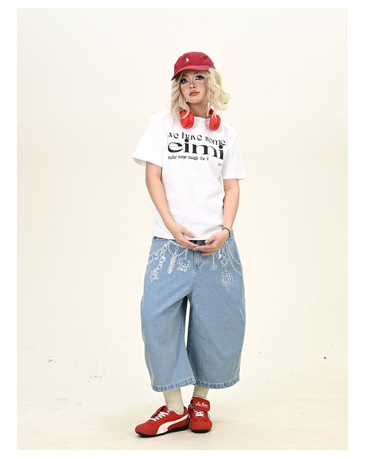 Iduna - Mid Rise Cartoon Print Washed Jorts
